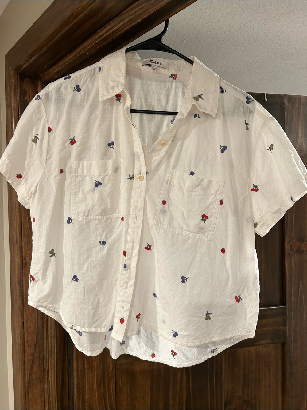 Madewell White Shirt with Red & Blue Embroidered Fruit 🍒🫐🍐🍓 Accents